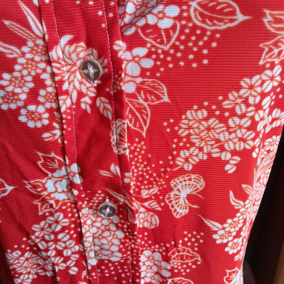 Medium True Vintage Boho Top Red White Floral Blouse 1970's Hovland Swanson USA - Picture 5 of 7